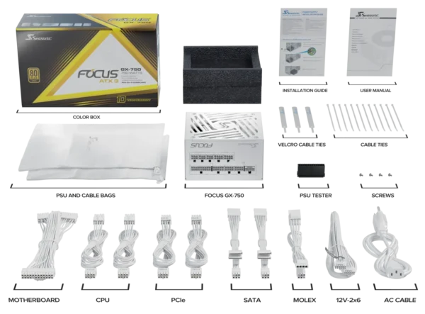 Seasonic Focus GX-750 ATX 3.1 and PCIe 5.1 V4 White 80 PLUS Gold Fully Modular Power Supply - SRP-FGX751-A5A32SF