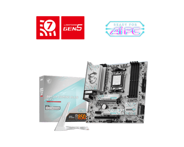 B850M GAMING PLUS WIFI 1 MSI B850M GAMING PLUS WIFI6E Wifi White Gaming Motherboard AMD B850 AM5 DDR5 8200+MT/s PCIe 5.0 Wi-Fi 7