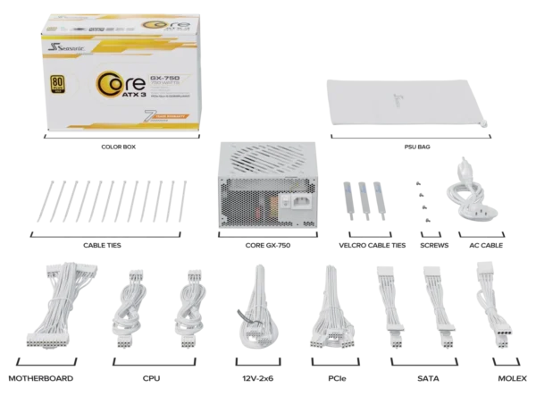 CORE-v2-2024-White-GX-750-accessories-1462x1080 Seasonic Core v2 GX-750 White ATX 3.1 and PCIe 5.1 750W 80 PLUS Gold Fully Modular PSU - SRP-CGX751-A5A32SF White