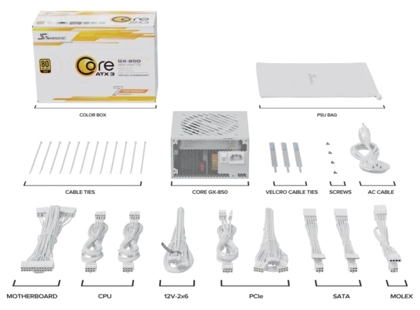 Seasonic CORE GX-850 ATX 3.1 and PCIe 5.1 V2 White 80 PLUS Gold Fully Modular ATX Power Supply - SRP-CGX851-A5A32SF White