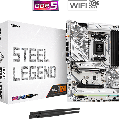 ASRock B650 Steel Legend WiFi ATX Motherboard, AMD B650, AM5 Socket, DDR5 7200+(OC), PCIe 5.0, WiFi 6E, 2.5G LAN, Realtek ALC4082 Audio, USB 3.2 Gen2x2