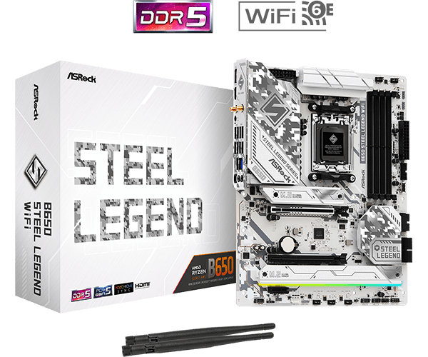 ASRock B650 Steel Legend WiFi ATX Motherboard, AMD B650, AM5 Socket, DDR5 7200+(OC), PCIe 5.0, WiFi 6E, 2.5G LAN, Realtek ALC4082 Audio, USB 3.2 Gen2x2
