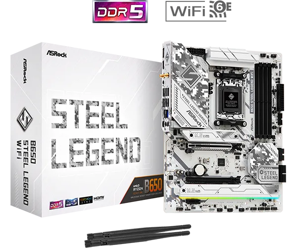 ASRock B650 Steel Legend WiFi ATX Motherboard, AMD B650, AM5 Socket, DDR5 7200+(OC), PCIe 5.0, WiFi 6E, 2.5G LAN, Realtek ALC4082 Audio, USB 3.2 Gen2x2