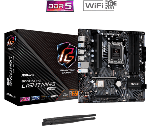 ASRock B650M PG Panthom Gaming Lightning WiFi Micro ATX Motherboard, AMD B650, AM5 Socket, DDR5 7200+(OC), PCIe 4.0, Blazing M.2 Gen5, WiFi 6E, 2.5G LAN, Realtek ALC897 Audio, USB 3.2 Gen2 Type-C