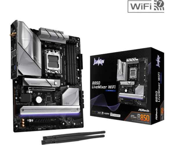 ASRock B850 LiveMixer WiFi ATX Motherboard, AMD B850, AM5 Socket, DDR5 8000+(OC), PCIe 5.0, WiFi 7, 2.5G LAN, Realtek ALC1220 Audio, 23 USB Ports