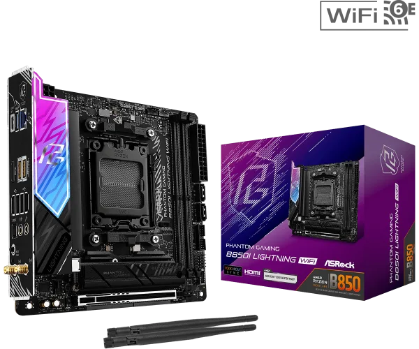 ASRock Phantom Gaming B850I Lightning WiFi Mini-ITX Motherboard, AMD B850, AM5 Socket, DDR5 8200+(OC), PCIe 5.0, WiFi 6E, Killer 2.5G LAN, Realtek ALC1220 Audio - ASROCK B850I LIGHTING WIFI