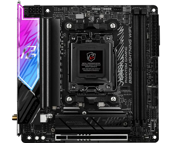 ASRock Phantom Gaming B850I Lightning WiFi Mini-ITX Motherboard, AMD B850, AM5 Socket, DDR5 8200+(OC), PCIe 5.0, WiFi 6E, Killer 2.5G LAN, Realtek ALC1220 Audio - ASROCK B850I LIGHTING WIFI