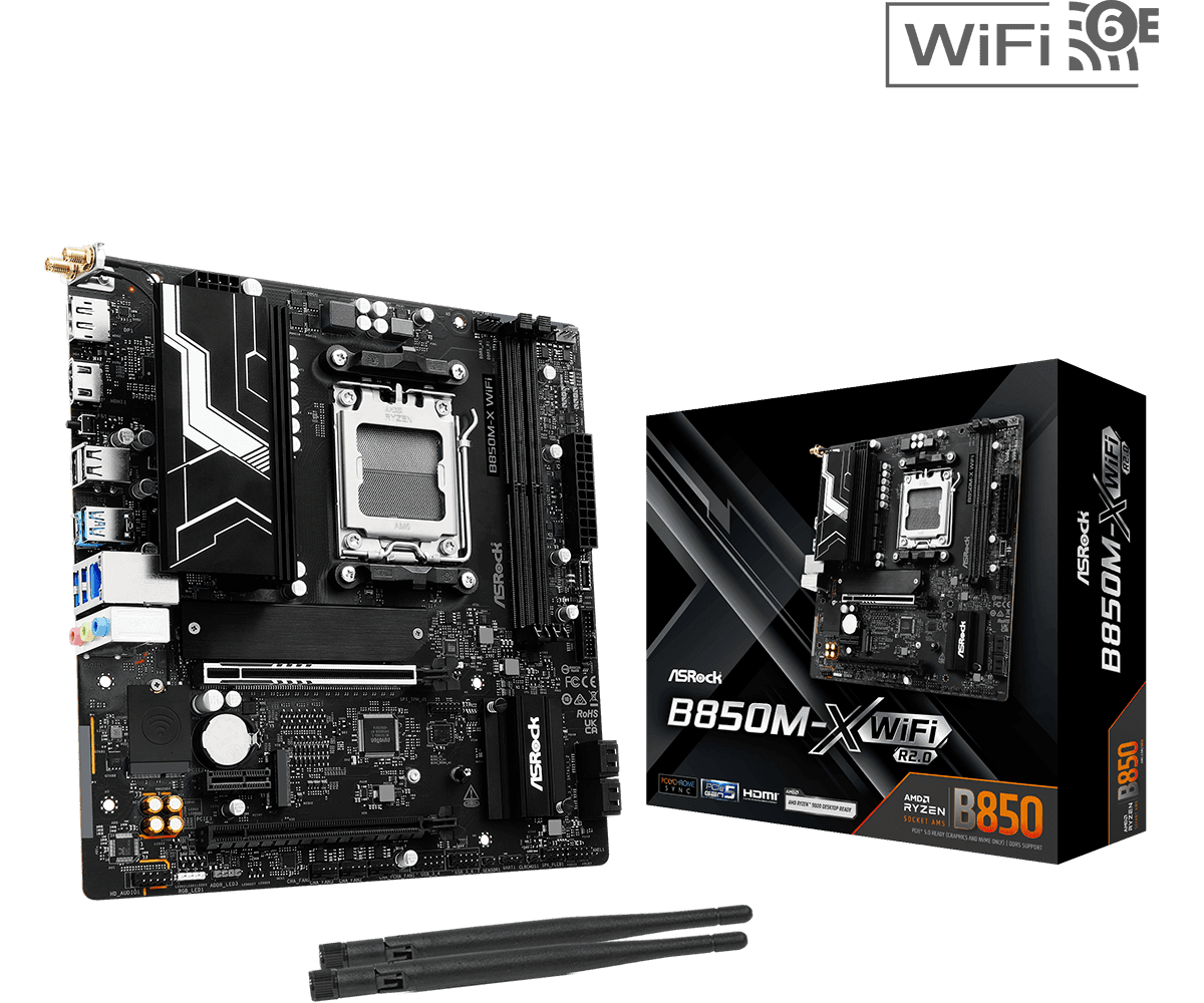 ASRock B850M-X WiFi R2.0 Micro ATX Motherboard, AMD B850, AM5 Socket, DDR5 8200+(OC), PCIe 5.0, WiFi...