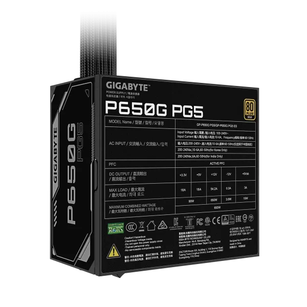 GIGABYTE P650G PCIE 5.1-05 GIGABYTE P650G PCIE 5.1 650W 80 PLUS Gold ATX 3.1 Power Supply - GP-P650G-PG5