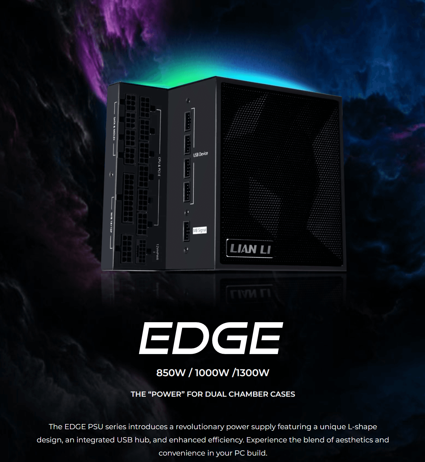 Lian Li EDGE Power Supply 850W | 1000W | 1300W ATX 3.1 80 PLUS Platinum Fully Modular L-Shape Design with USB 2.0 Hub | Black | White - EG0850 EG1000 EG1300