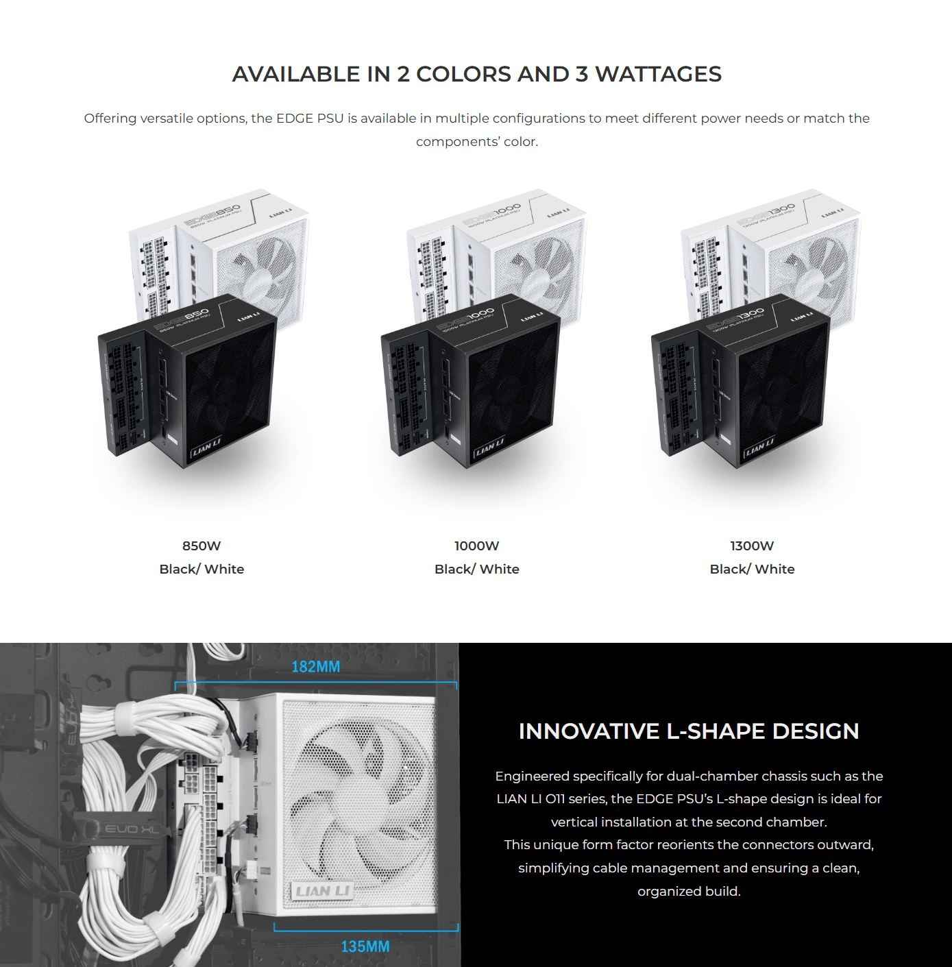 Lian Li EDGE Power Supply 850W | 1000W | 1300W ATX 3.1 80 PLUS Platinum Fully Modular L-Shape Design with USB 2.0 Hub | Black | White - EG0850 EG1000 EG1300