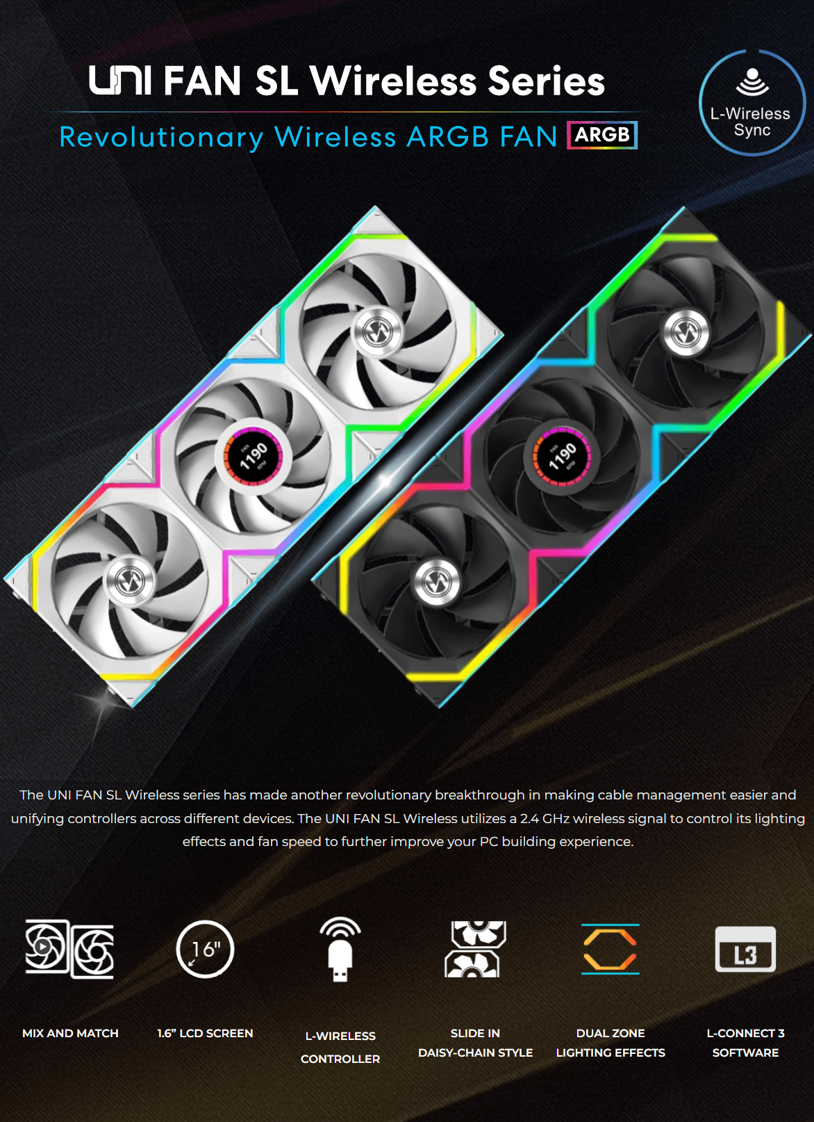 Lian Li UNI Fan SL Wireless ARGB 120mm Cooling Fan with Optional LCD Display | Normal or Reverse Blade | 1-pack | 3-pack | Black | White