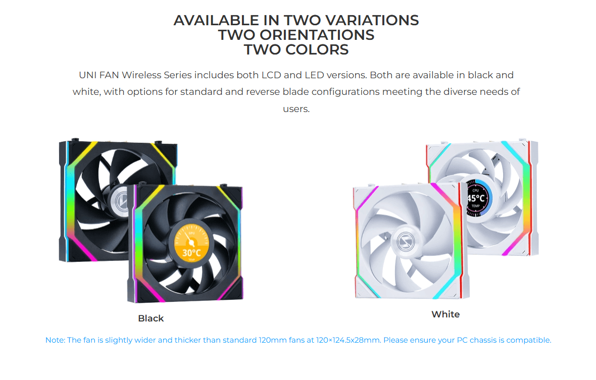 Lian Li UNI Fan SL Wireless ARGB 120mm Cooling Fan with Optional LCD Display | Normal or Reverse Blade | 1-pack | 3-pack | Black | White