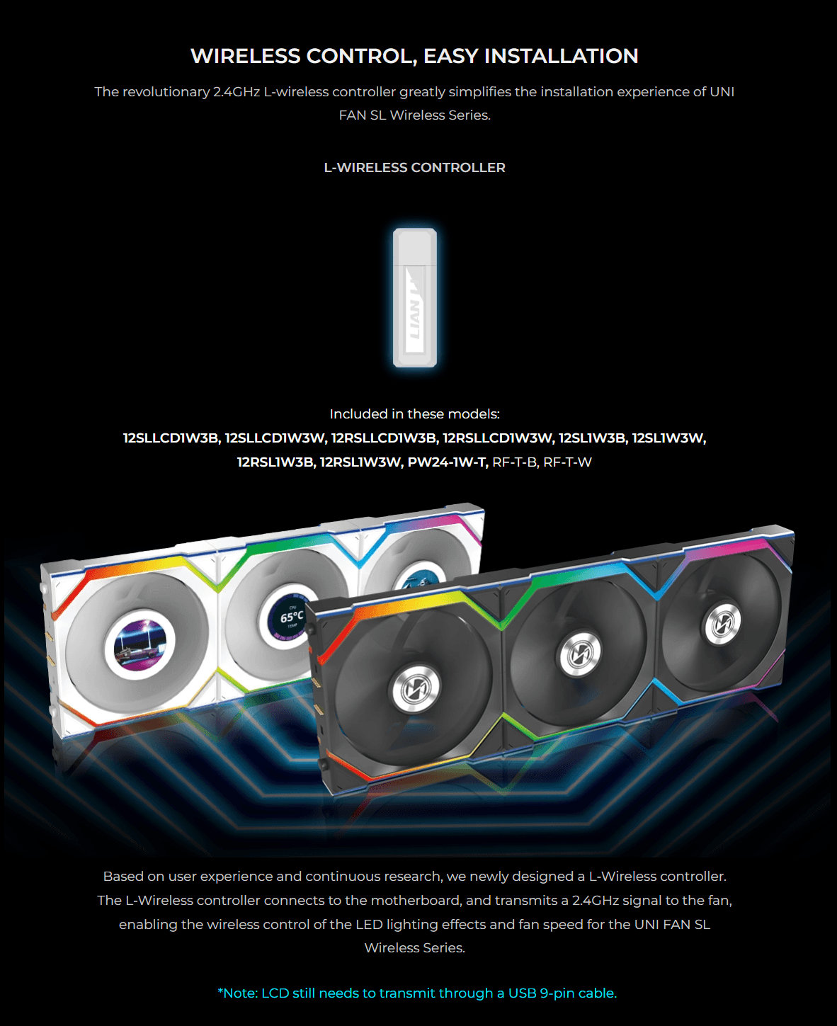 Lian Li UNI Fan SL Wireless ARGB 120mm Cooling Fan with Optional LCD Display | Normal or Reverse Blade | 1-pack | 3-pack | Black | White