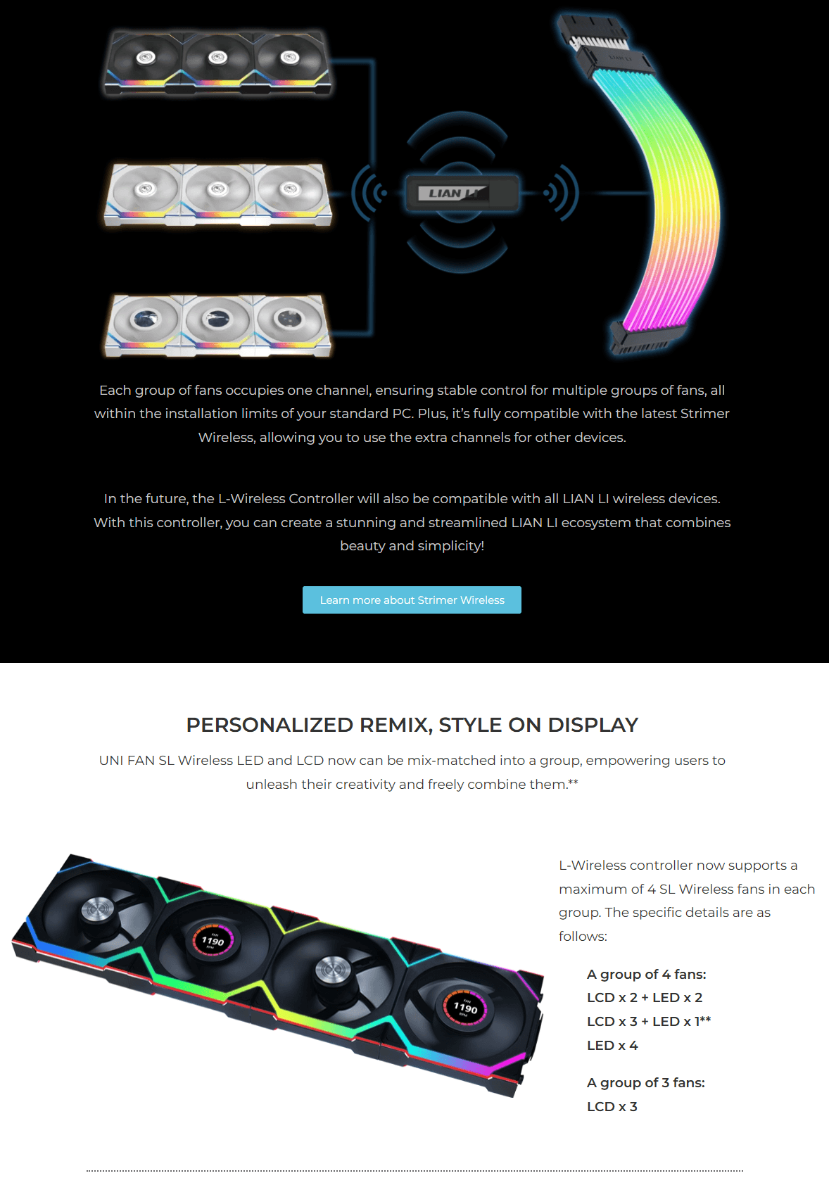 Lian Li UNI Fan SL Wireless ARGB 120mm Cooling Fan with Optional LCD Display | Normal or Reverse Blade | 1-pack | 3-pack | Black | White
