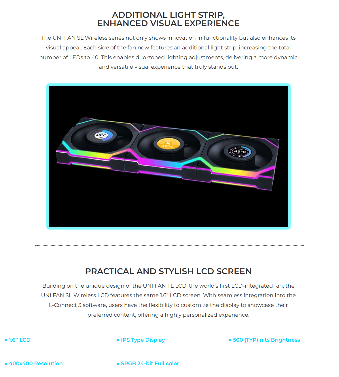 Lian Li UNI Fan SL Wireless ARGB 120mm Cooling Fan with Optional LCD Display | Normal or Reverse Blade | 1-pack | 3-pack | Black | White