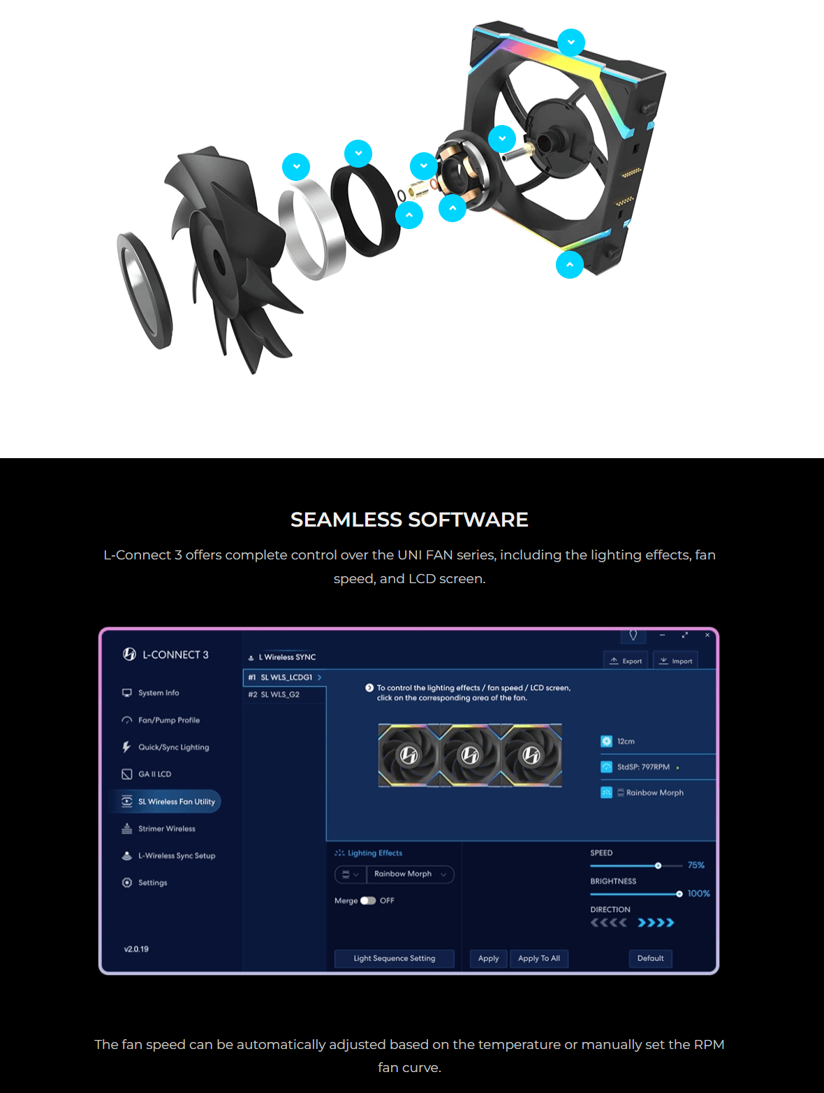 Lian Li UNI Fan SL Wireless ARGB 120mm Cooling Fan with Optional LCD Display | Normal or Reverse Blade | 1-pack | 3-pack | Black | White