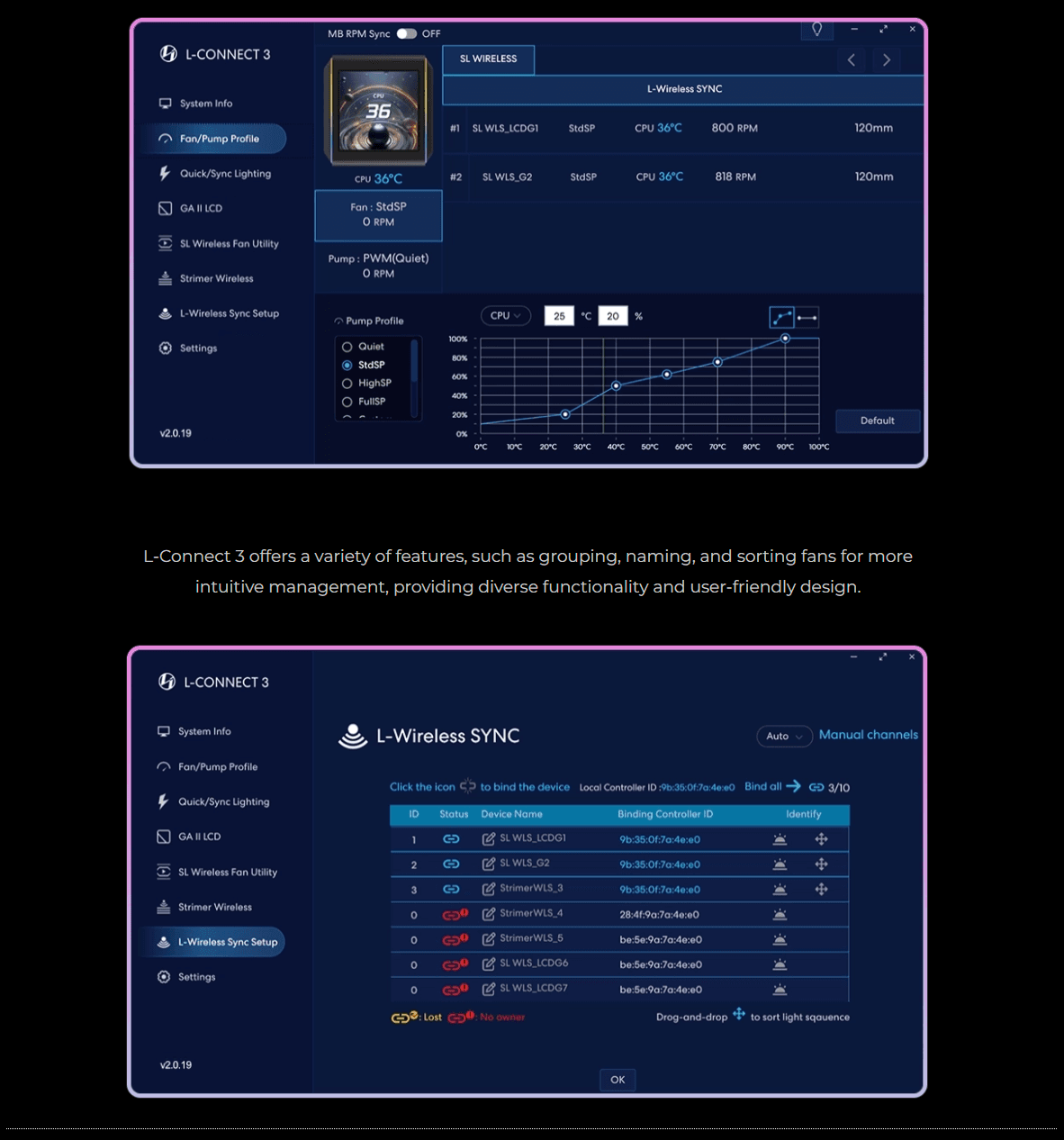 Lian Li UNI Fan SL Wireless ARGB 120mm Cooling Fan with Optional LCD Display | Normal or Reverse Blade | 1-pack | 3-pack | Black | White