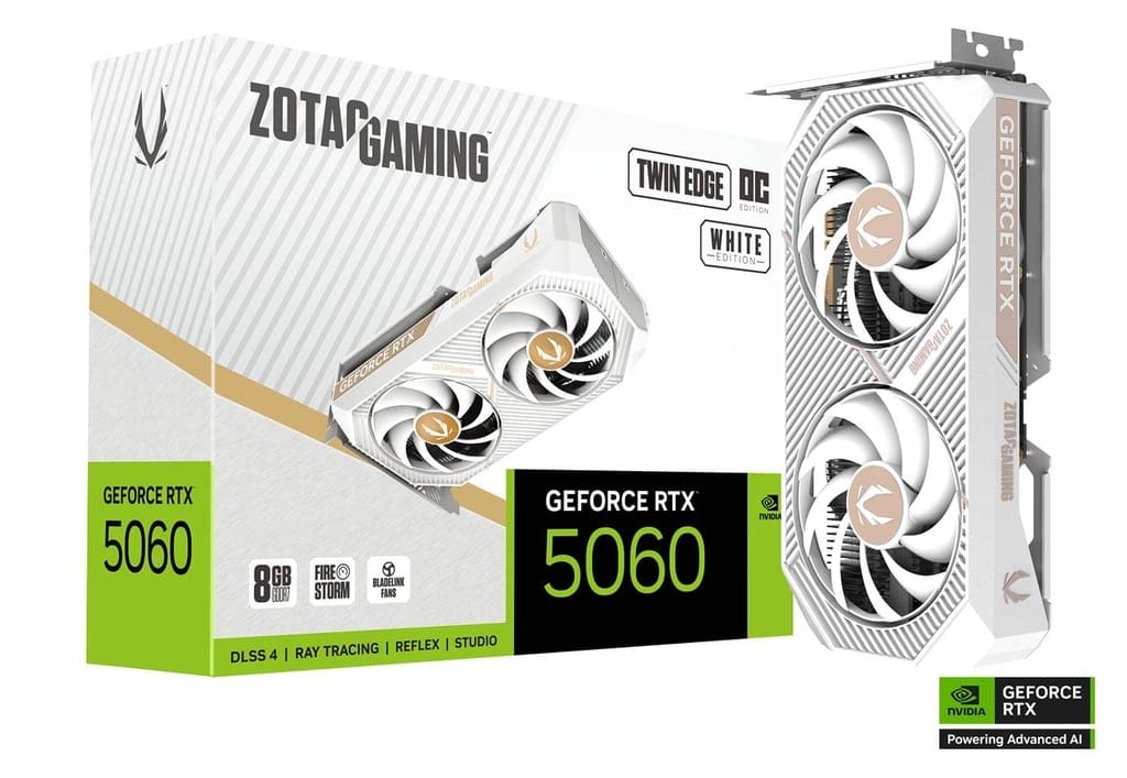 ZOTAC GAMING GeForce RTX 5060 Twin Edge OC White Edition 8GB GDDR7 PCIe 5.0 2527MHz 3840 CUDA Cores ...