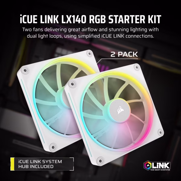 CORSAIR iCUE LINK LX140 RGB White 140mm PWM Fan Starter Kit Dual Pack Magnetic Dome Bearing Dual Light Loops - CO-9051032-WW