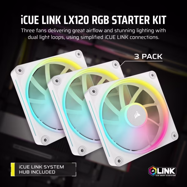 1 CORSAIR iCUE LINK LX120 RGB White 120mm PWM Fan Starter Kit Triple Pack Magnetic Dome Bearing Dual Light Loops - CO-9051030-WW