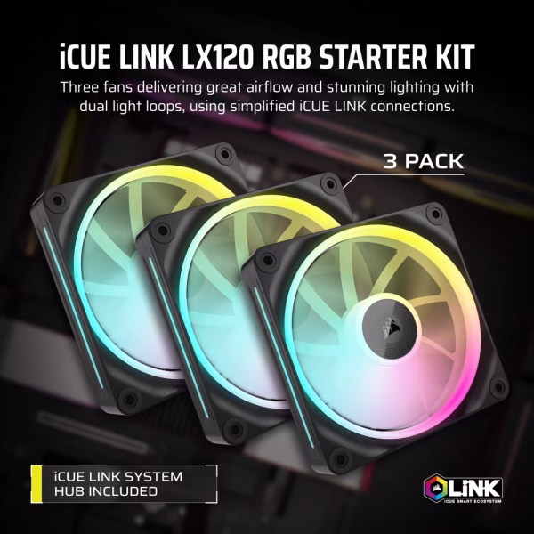 CORSAIR iCUE LINK LX120 RGB 120mm PWM Black Fan Starter Kit Triple Pack Magnetic Dome Bearing Dual Light Loops - CO-9051026-WW