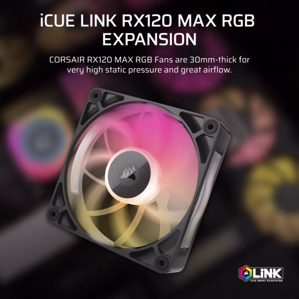 1 CORSAIR iCUE LINK RX120 MAX RGB 120mm PWM Fan Magnetic Dome Bearing 30mm Thick Black - CO-9051033-WW