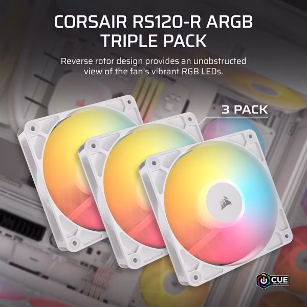 CORSAIR RS120-R ARGB 120mm PWM Reverse Fan Triple Pack Magnetic Dome Bearing White - CO-9050197-WW