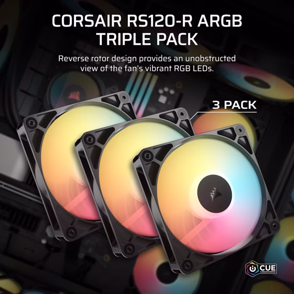 CORSAIR RS120-R ARGB 120mm PWM Reverse Fan Triple Pack Magnetic Dome Bearing Black - CO-9050196-WW