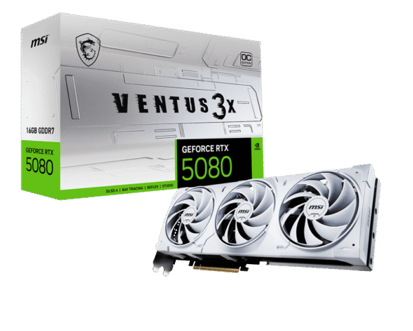 MSI GeForce RTX 5080 VENTUS 3X OC WHITE 16GB GDDR7 Graphics Card NVIDIA Blackwell PCIe 5.0 - RTX 5080 16G VENTUS 3X OC WHITE