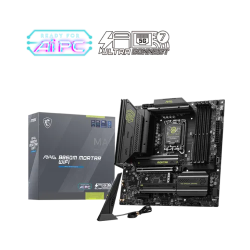 MSI MAG B860M MORTAR WIFI mATX Motherboard for Intel Core Ultra Series 2, DDR5 9200+ MT/s, Wi-Fi 7, Thunderbolt 4, PCIe 5.0 M.2 - MAG B860M MORTAR WIFI