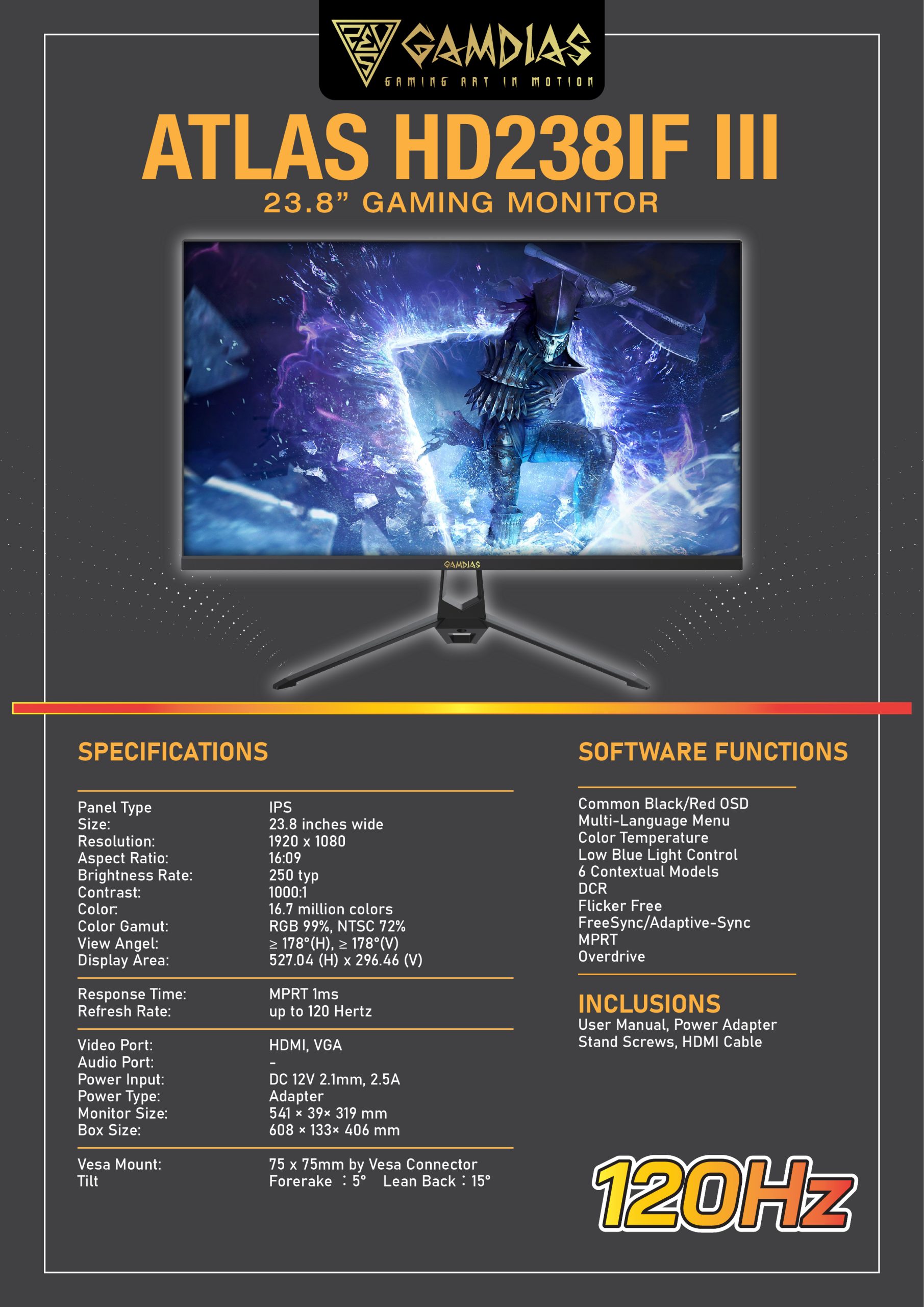 GAMDIAS ATLAS HD238IF III 23.8-Inch Gaming Monitor - IPS, FHD, 120Hz, 1ms MPRT - GAMDIAS ATLAS HD238IF III