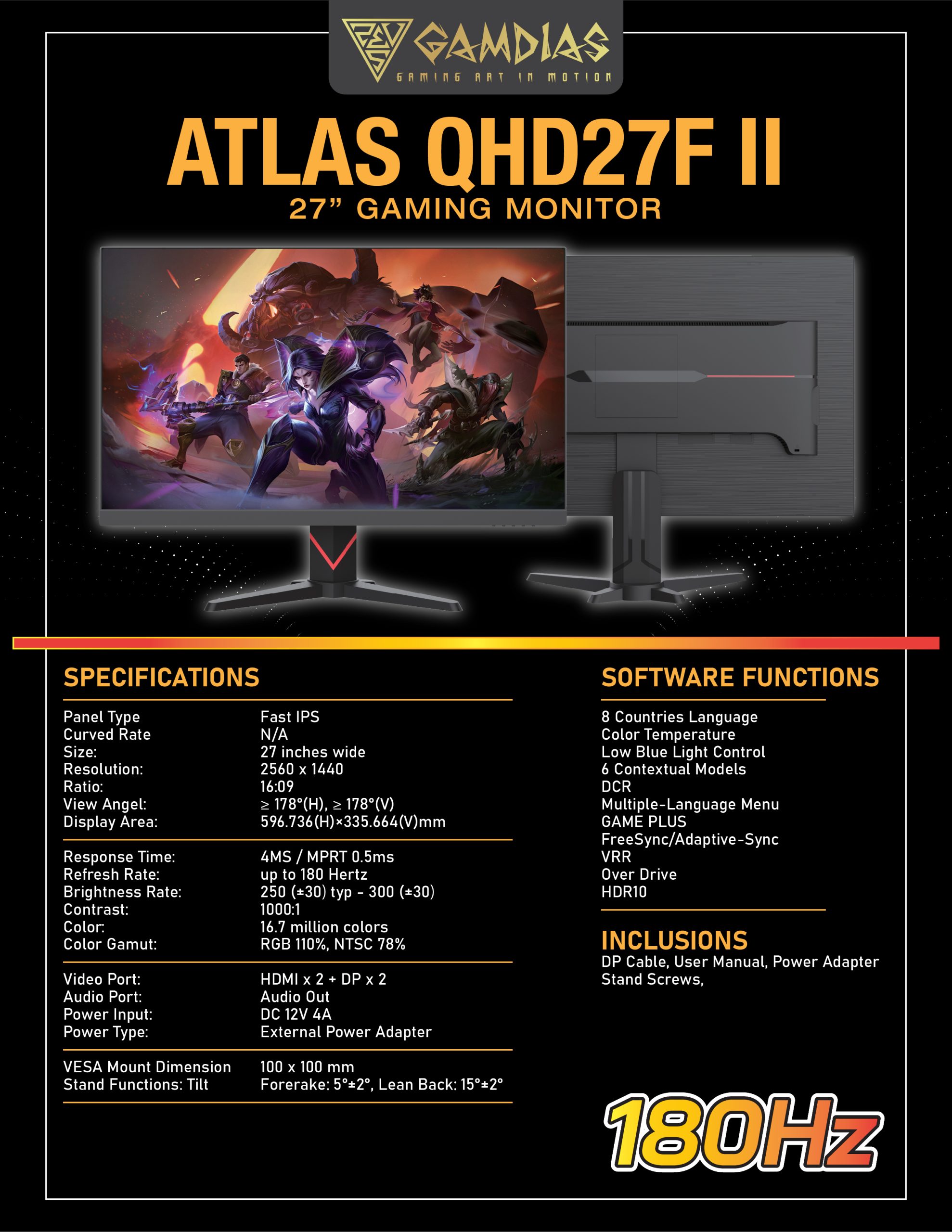 GAMDIAS ATLAS QHD27F II 27-Inch Gaming Monitor - Fast IPS, QHD 2560 × 1440, 180Hz, 0.5ms MPRT, HDR10 - GAMDIAS ATLAS QHD27F II