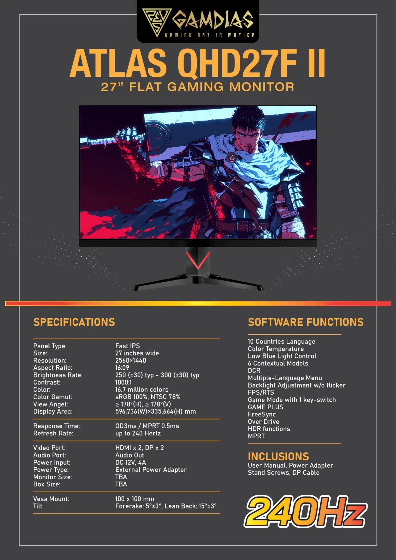 GAMDIAS ATLAS QHD27F II 27-Inch Gaming Monitor - Fast IPS, QHD 2560 × 1440, 240Hz, 0.5ms MPRT, HDR10 - GAMDIAS ATLAS QHD27F II