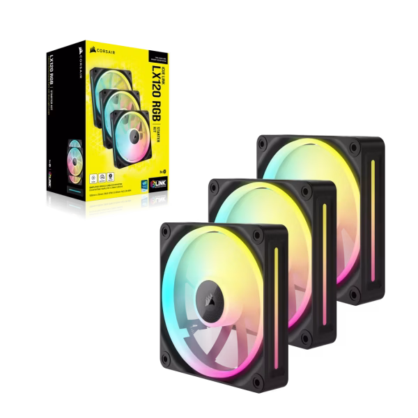 CORSAIR iCUE LINK LX120 RGB 120mm PWM Black Fan Starter Kit Triple Pack Magnetic Dome Bearing Dual Light Loops - CO-9051026-WW
