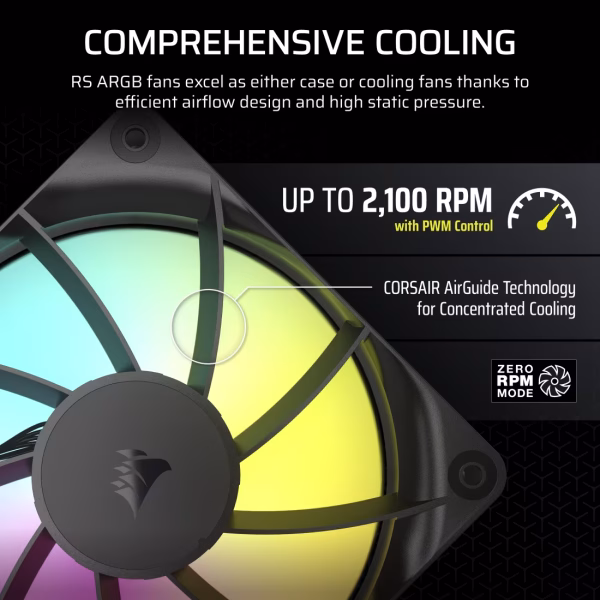 CORSAIR RS120 ARGB 120mm  Black PWM Fan Triple Pack Magnetic Dome Bearing AirGuide Technology - CO-9050181-WW