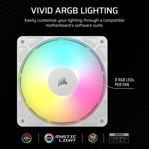 6 CORSAIR RS140 ARGB Chassis Fan 140mm 95.5 CFM 3.46mm H2O White - CS-CO-9050186-WW