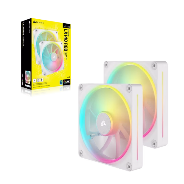 CORSAIR iCUE LINK LX140 RGB White 140mm PWM Fan Starter Kit Dual Pack Magnetic Dome Bearing Dual Light Loops - CO-9051032-WW