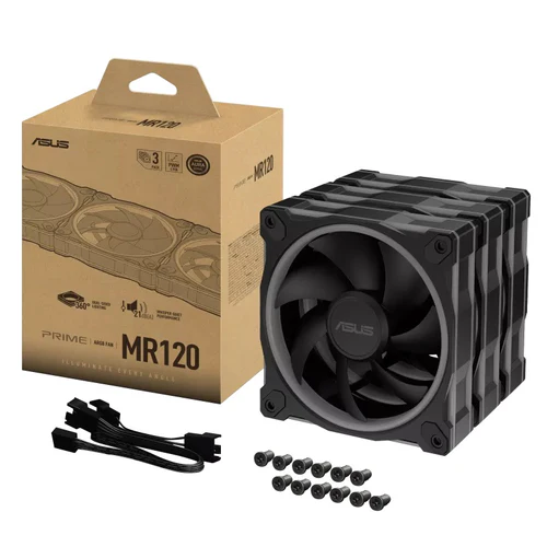 ASUS Prime MR120 ARGB 120mm PWM Fan Triple Pack Sleeve Bearing 28mm Thick Black - PRIME MR120 FAN ARGB BLACK 3IN1