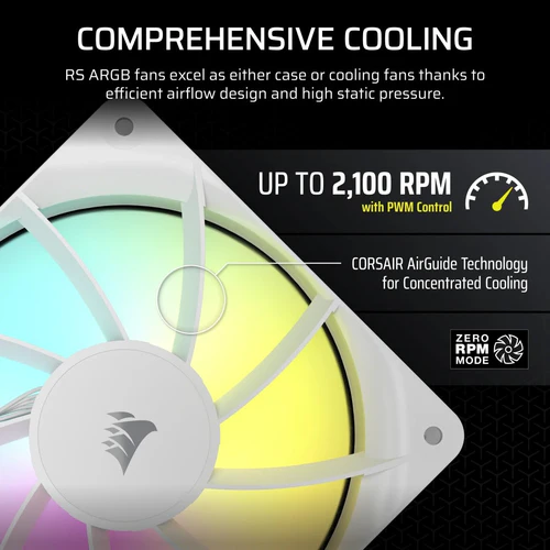 CORSAIR RS120 ARGB Chassis Fan 120mm 72.8 CFM 4.15mm H2O White - CS-CO-9050184-WW