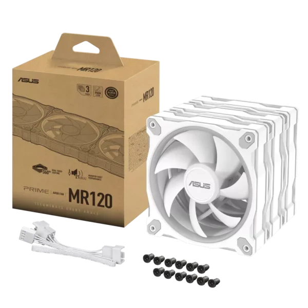 ASUS Prime MR120 ARGB 120mm PWM Fan Triple Pack Sleeve Bearing 28mm Thick White - PRIME MR120 FAN ARGB WHITE 3IN1