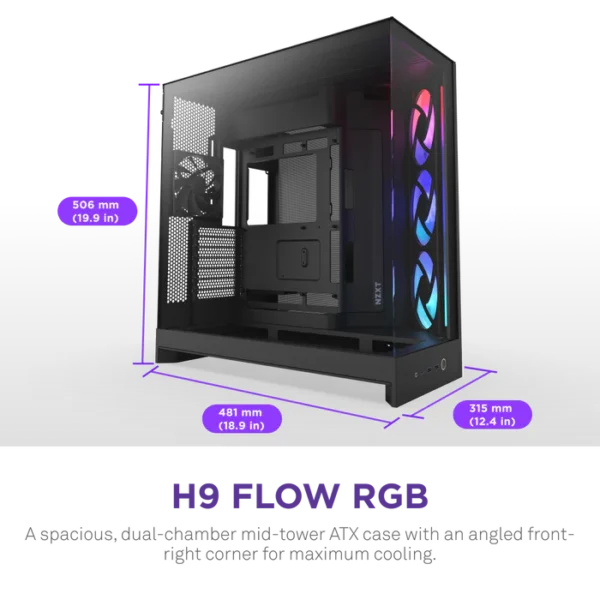 NZXT H9 Flow RGB Black Mid-Tower Case ATX 420mm Radiator Support Tempered Glass - CM-H92FB-R1