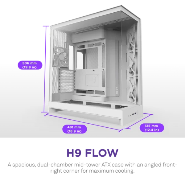 NZXT H9 Flow 2025 White Mid-Tower Case ATX 420mm Radiator Support Tempered Glass - CM-H92FW-01