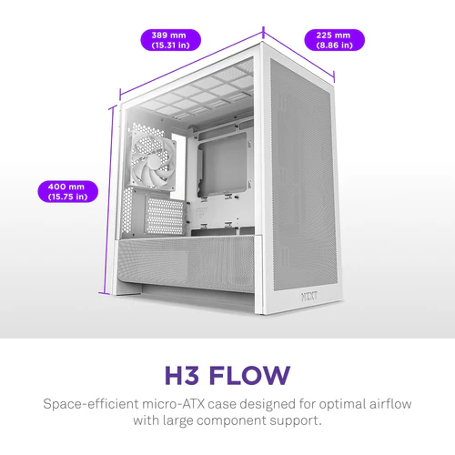 NZXT H3 Flow White Micro-ATX Case with Tempered Glass and F120Q Fan - CC-H31FW-01