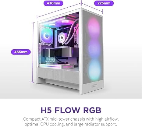 NZXT H5 Flow RGB White (2024) Mid-Tower Case with Tempered Glass and RGB Fans - CC-H52FW-R1