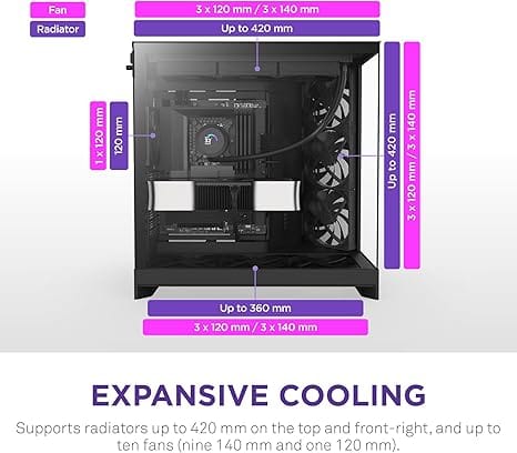 NZXT H9 Flow 2025 Black Mid-Tower Case ATX 420mm Radiator Support Tempered Glass - CM-H92FB-01