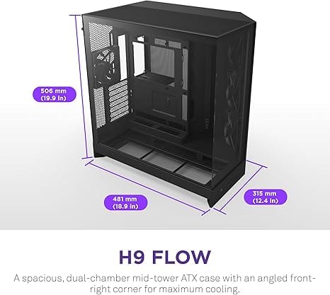 NZXT H9 Flow 2025 Black Mid-Tower Case ATX 420mm Radiator Support Tempered Glass - CM-H92FB-01