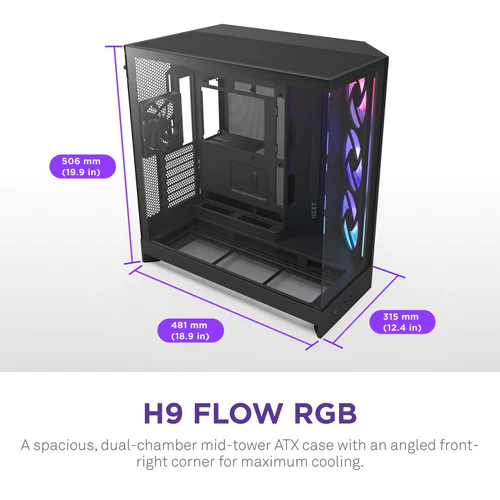 NZXT H9 Flow RGB+ Black Mid-Tower Case ATX 420mm Radiator Support Tempered Glass - CM-H92FB-P1