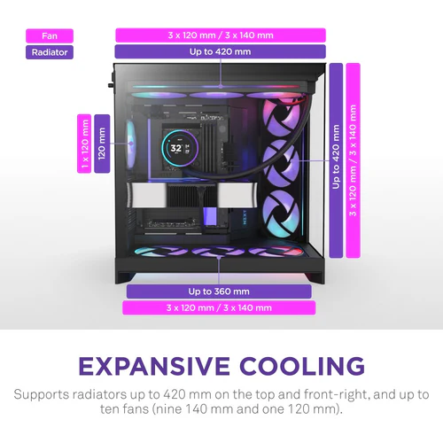 NZXT H9 Flow RGB+ Black Mid-Tower Case ATX 420mm Radiator Support Tempered Glass - CM-H92FB-P1