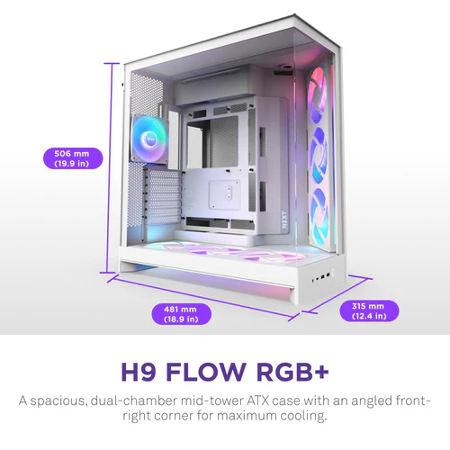 NZXT H9 Flow RGB White Mid-Tower Case ATX 420mm Radiator Support Tempered Glass - CM-H92FWR1